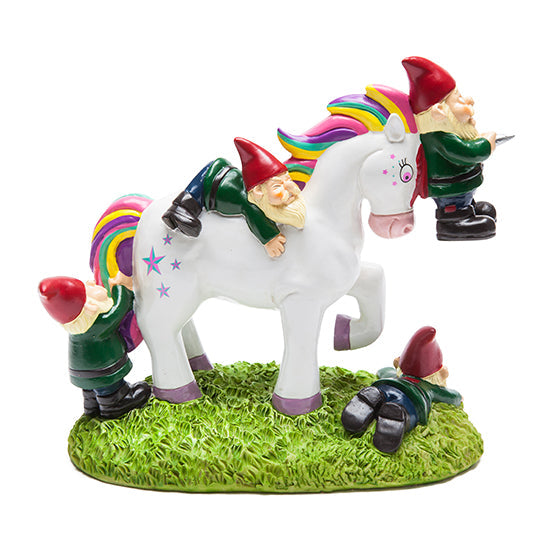 Unicorn defeats garden gnomes statue