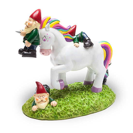 Unicorn defeats garden gnomes statue