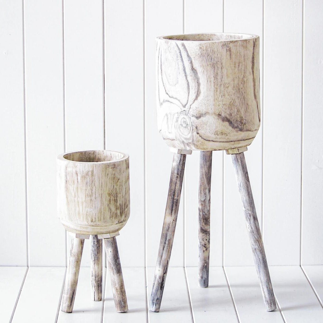 White washed wood planter pot holder stand
