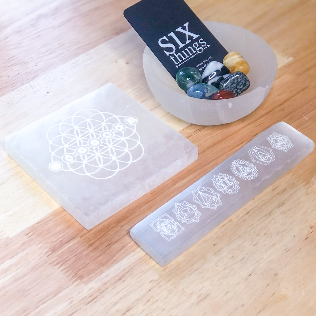 Selenite crystal chakra grid charging plate / platter tray