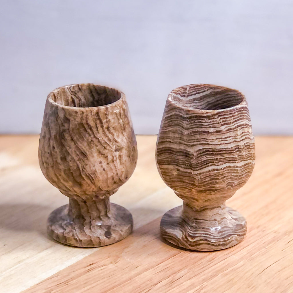 Banded calcite crystal cup / aragonite glass chalice