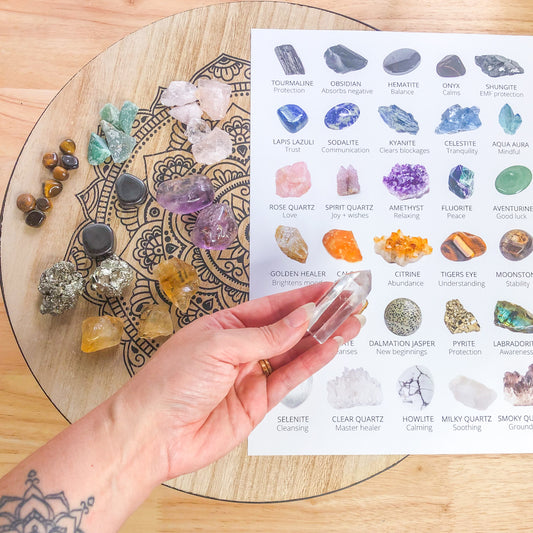 Reiki chakra crystal grid wooden altar table & crystal set