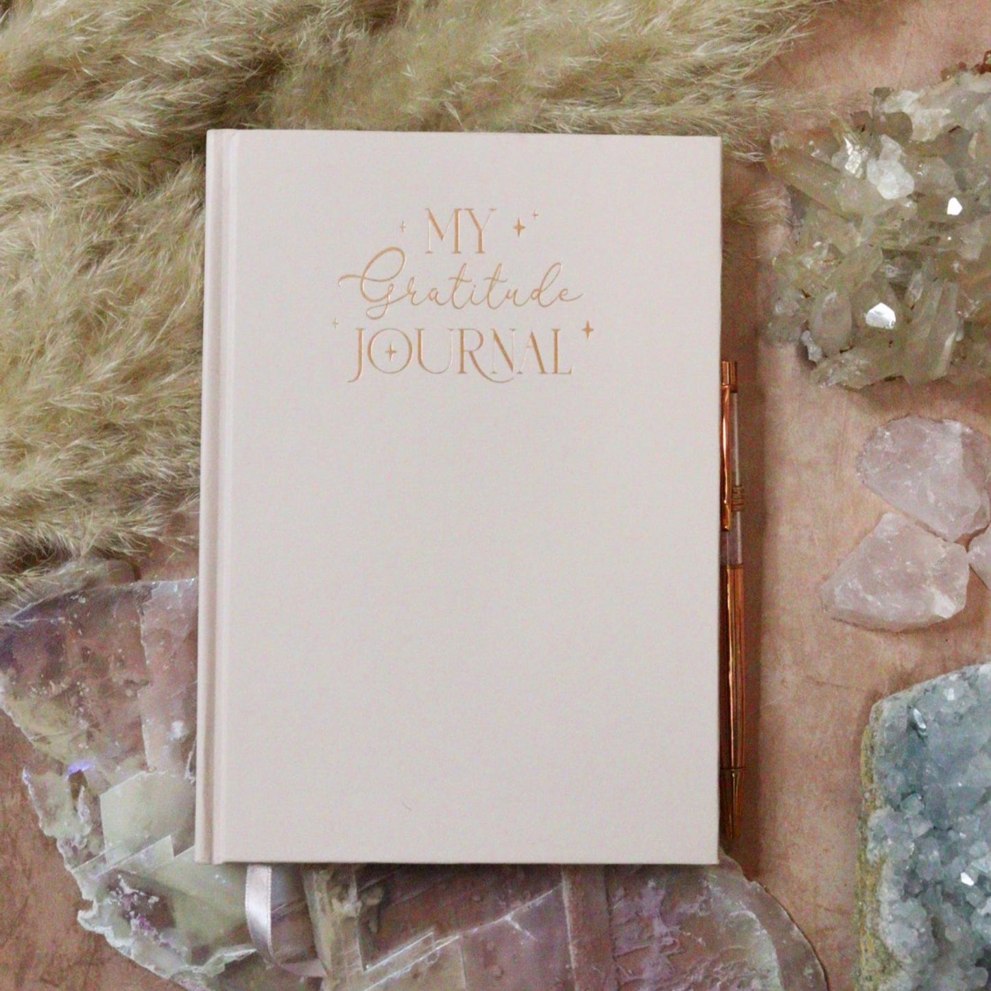 Rose quartz crystal pen and gratitude journal notebook set