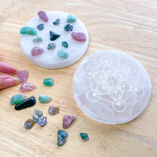 Selenite crystal grid charging plate / platter tray with chips - anxiety & calm kit