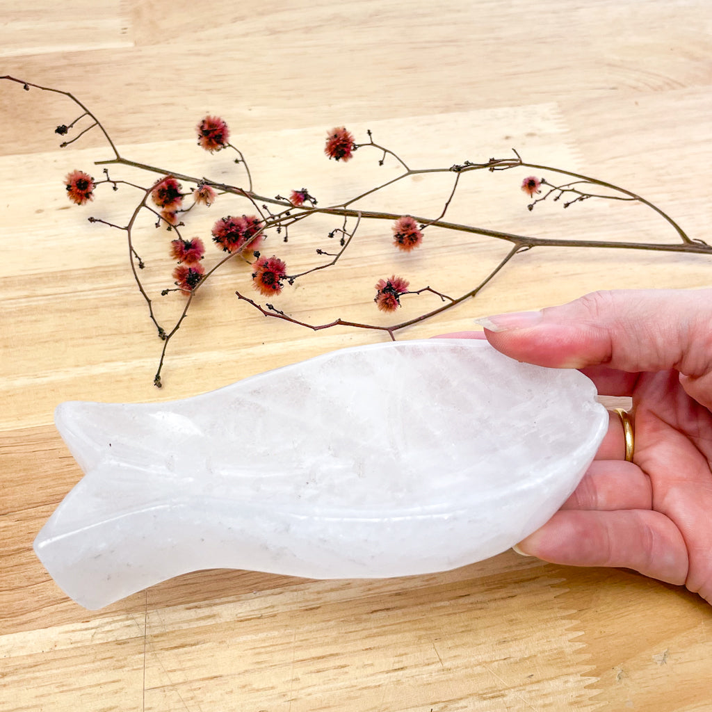 Clear quartz crystal fish shaped carved bowl