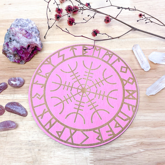 Helm of Awe viking compass / witches runes crystal grid wooden plate