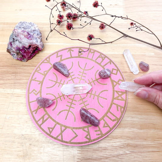 Helm of Awe viking compass / witches runes crystal grid wooden plate