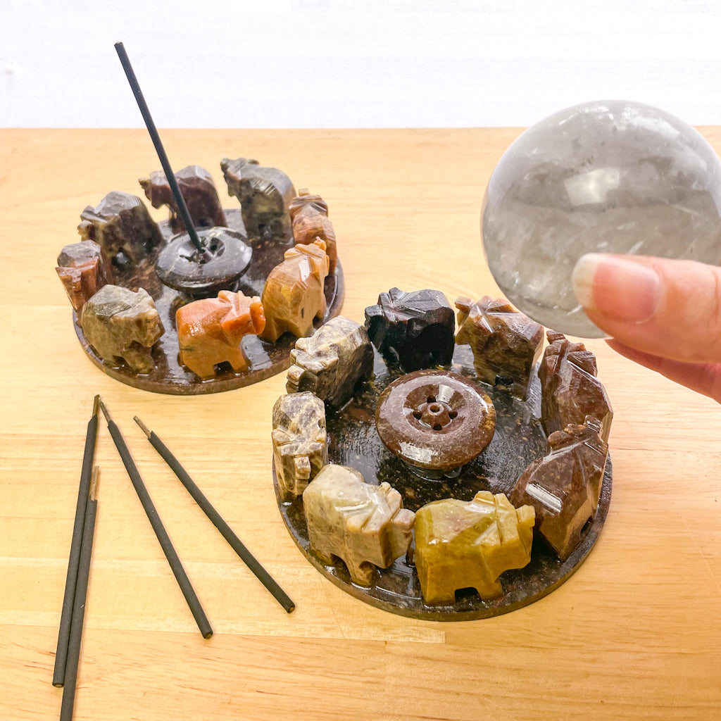 Lucky elephant crystal soapstone sphere stand  / incense holder