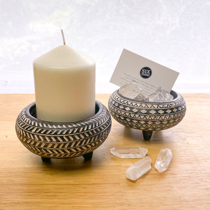 Footed wooden bowl - crystal / incense / candle holder