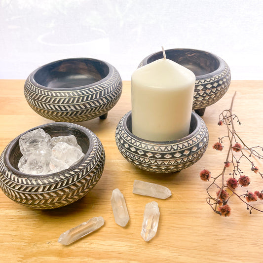 Footed wooden bowl - crystal / incense / candle holder