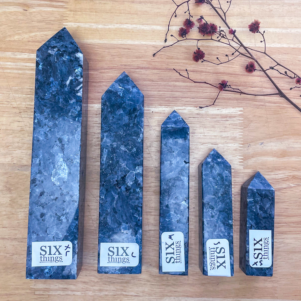 Larvikite / black labradorite crystal large tower generator