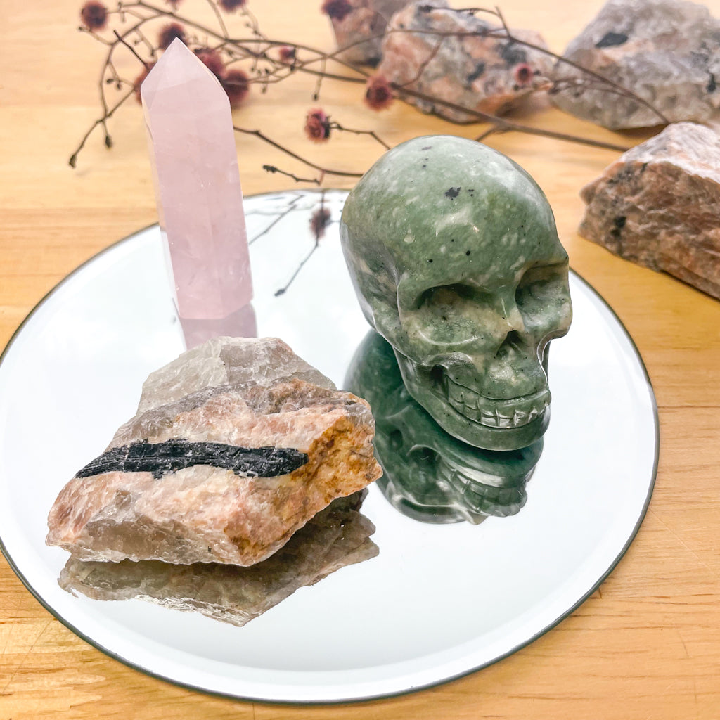 Crystal bundle - Green jade skull, raw unicorn stone and rose quartz tower