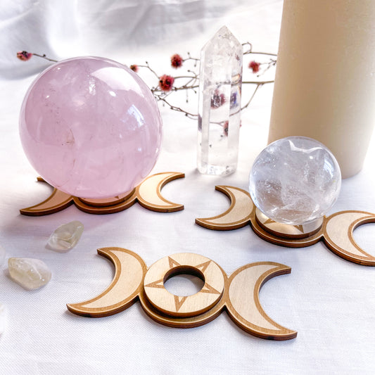 Moon witches pentagram crystal sphere stand / wooden plate