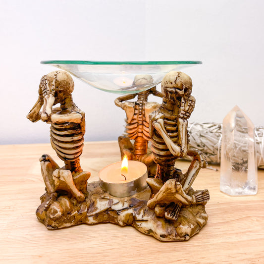 Hear see, speak no evil skeleton oil burner / crystal sphere stand