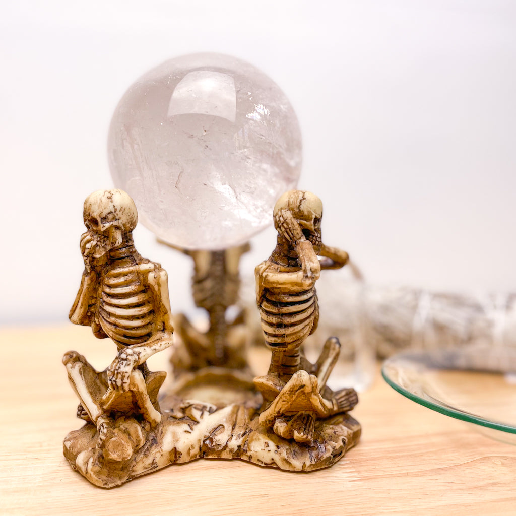 Hear see, speak no evil skeleton oil burner / crystal sphere stand