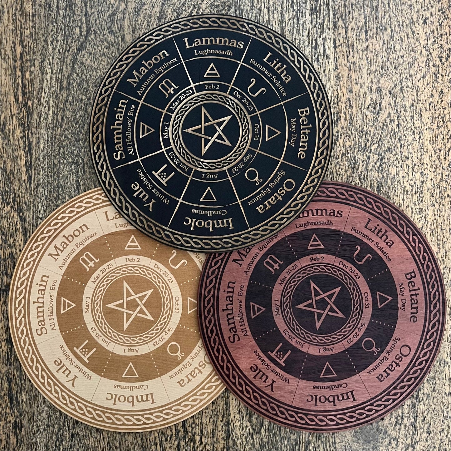 Wiccan calendar / witches annual wheel crystal grid wooden