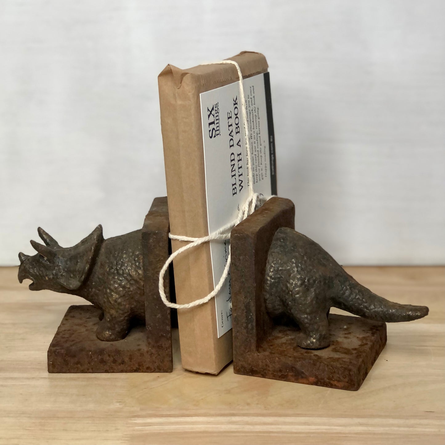 Triceratops dinosaur vintage statue painted metal bookends