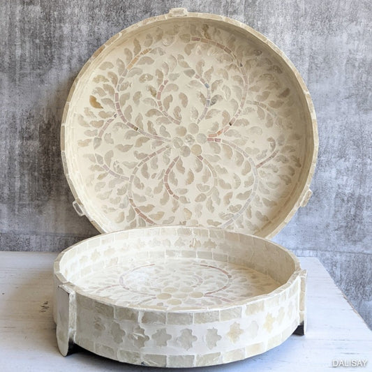 Handmade capiz shell pearl inlay round tray with feet M-L