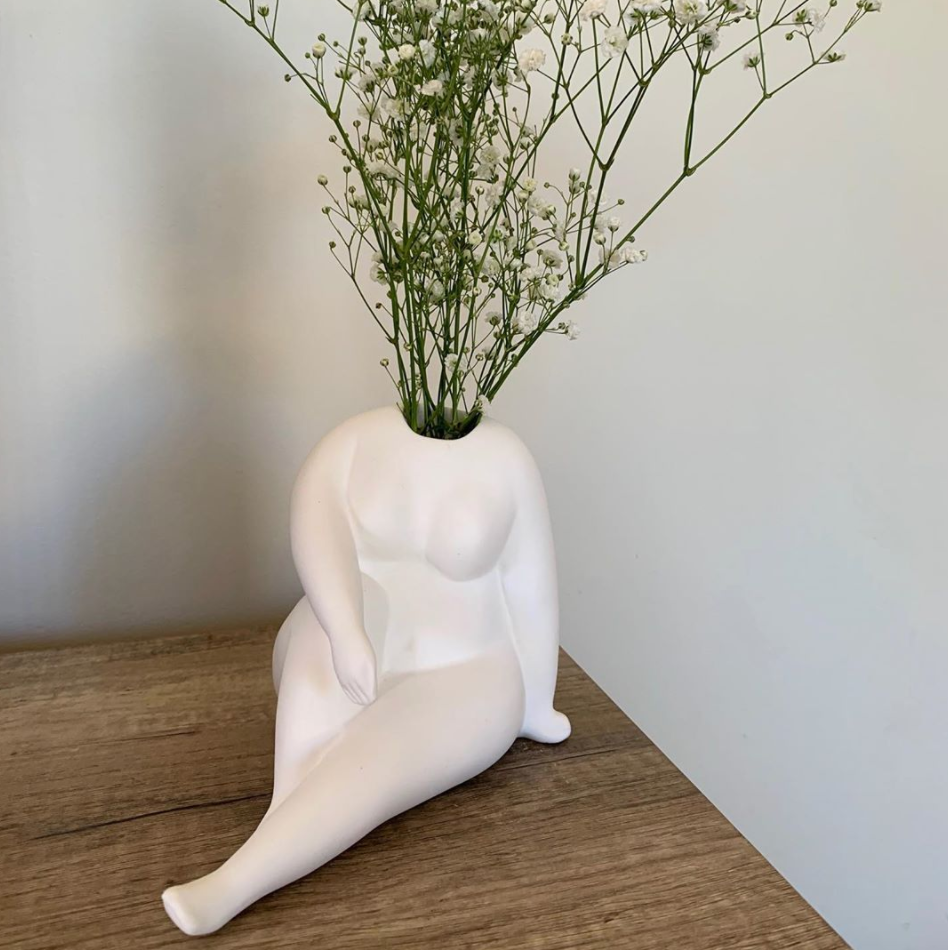Handmade sitting lady white vase