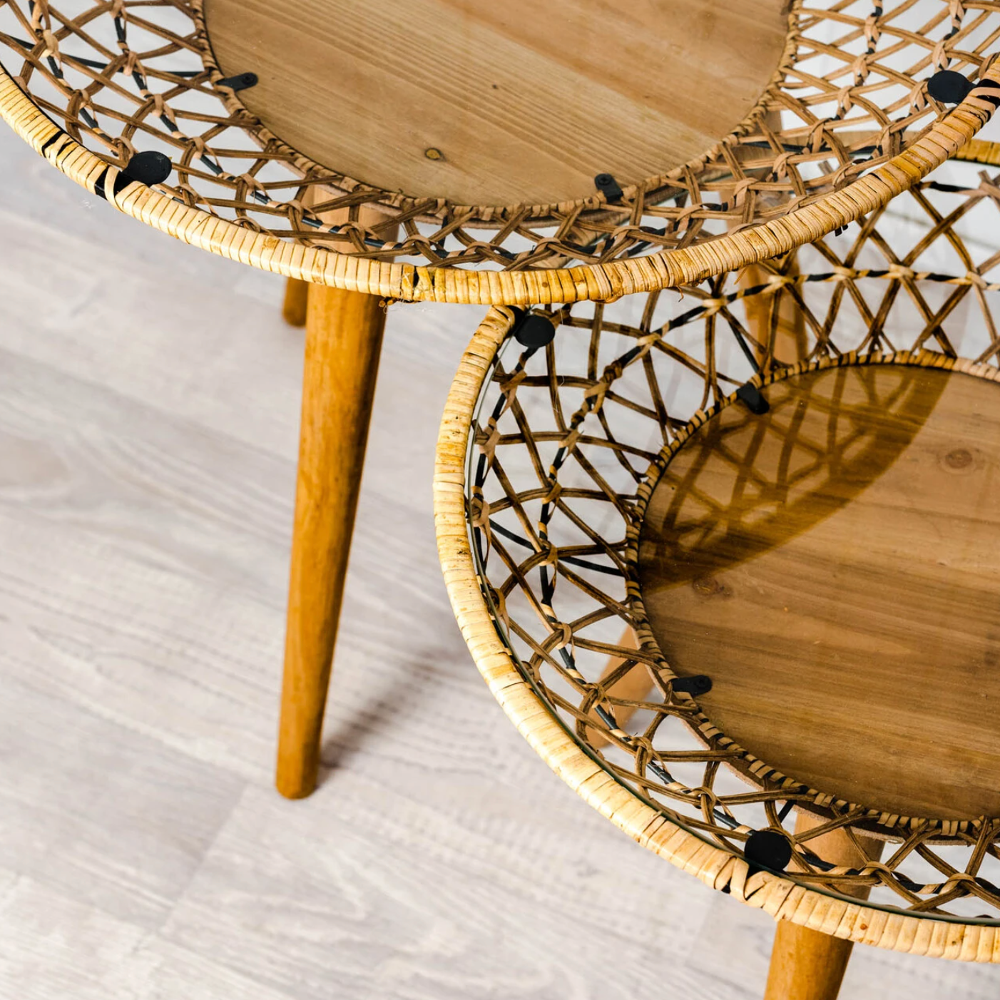 Weaved cane, rattan and glass top display table