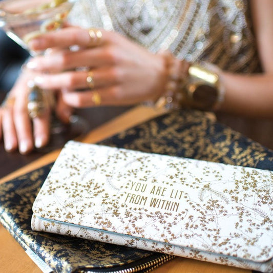 Gold and white or black floral trifold purse / wallet