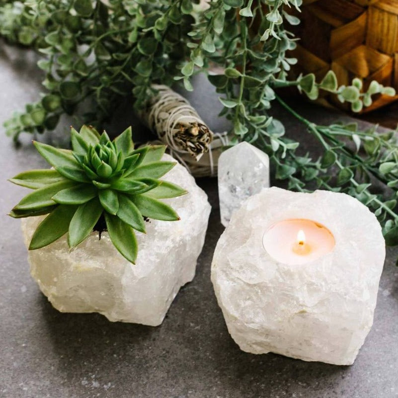 Clear quartz crystal candle holder