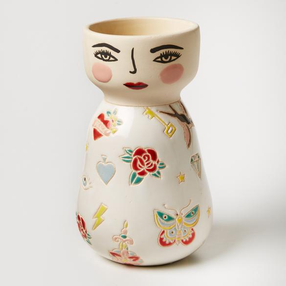 Tattooed lady hand painted vase planter pot