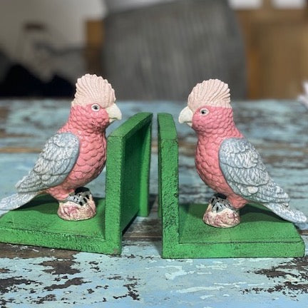 Pink Galah vintage statue painted metal bookend - single or pair