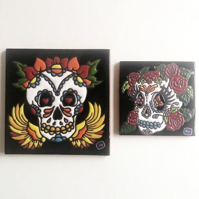 Day of the dead handmade flower crown tile wall hanging