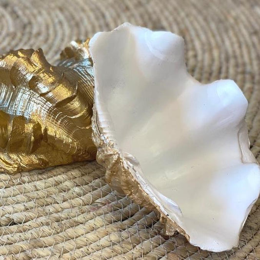 Gold and white coastal decor clam shell bowl / tray