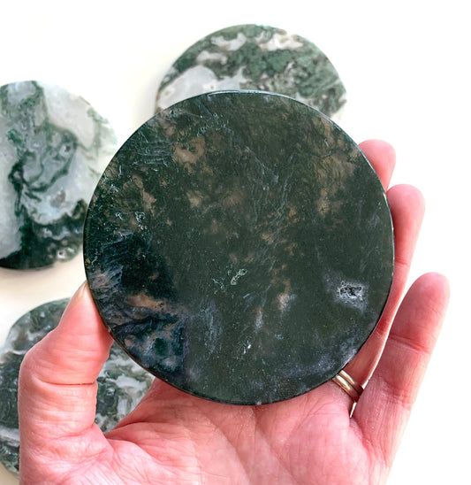 Moss agate crystal round slice / ring tray / polished stone coaster