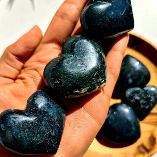 Moss agate crystal polished puffy heart