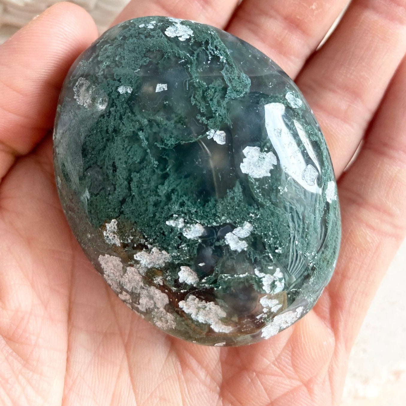 Moss agate crystal polished palm stone L