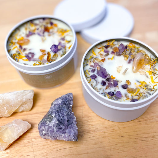 Flower, citrine & amethyst crystal infused soy candle
