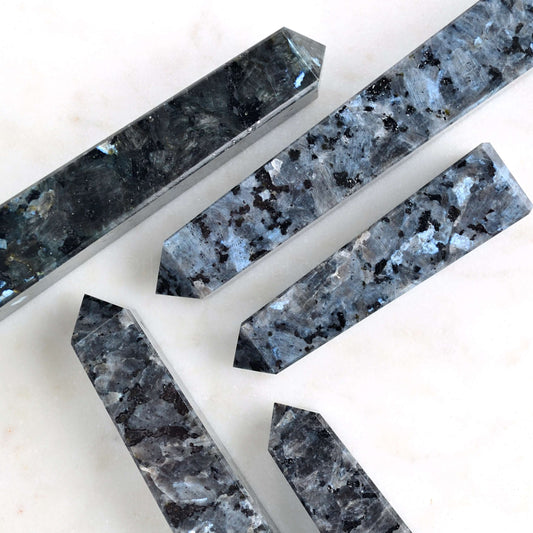 Larvikite / black labradorite crystal large tower generator