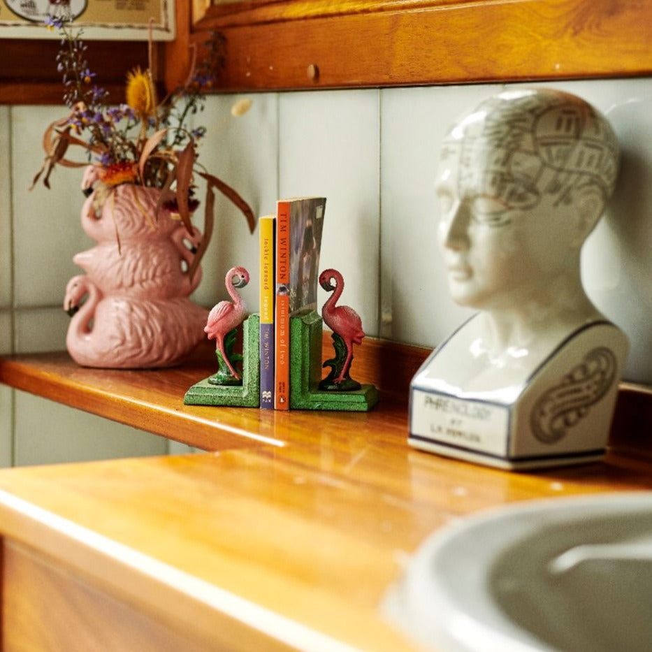 Pink flamingo vintage statue painted metal bookend - single or pair