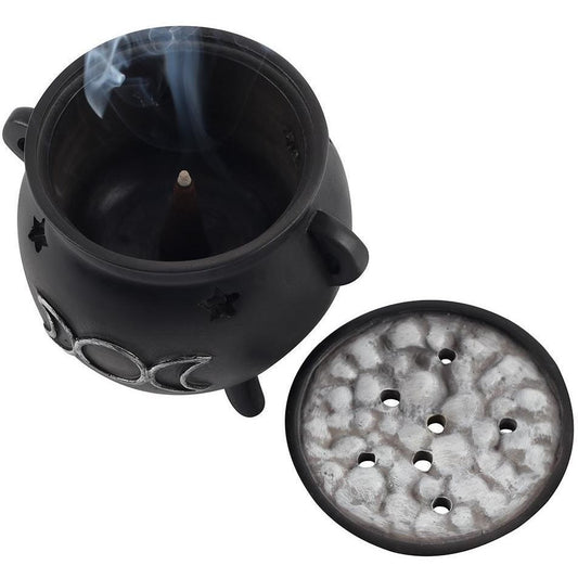 Witches cauldron triple moon incense holder pot