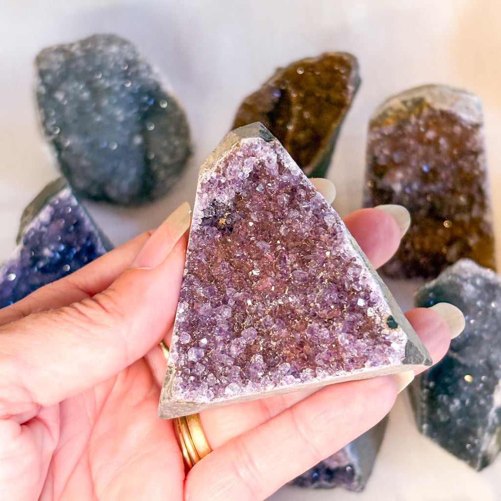 Rainbow Amethyst crystal cluster cut base