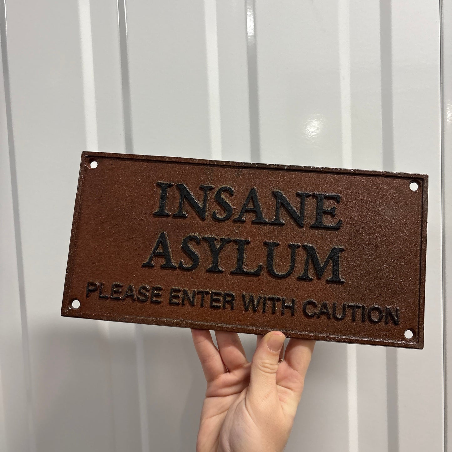 Insane asylum wall hanging rusty metal sign