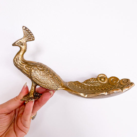 Brass peacock statue trinket dish