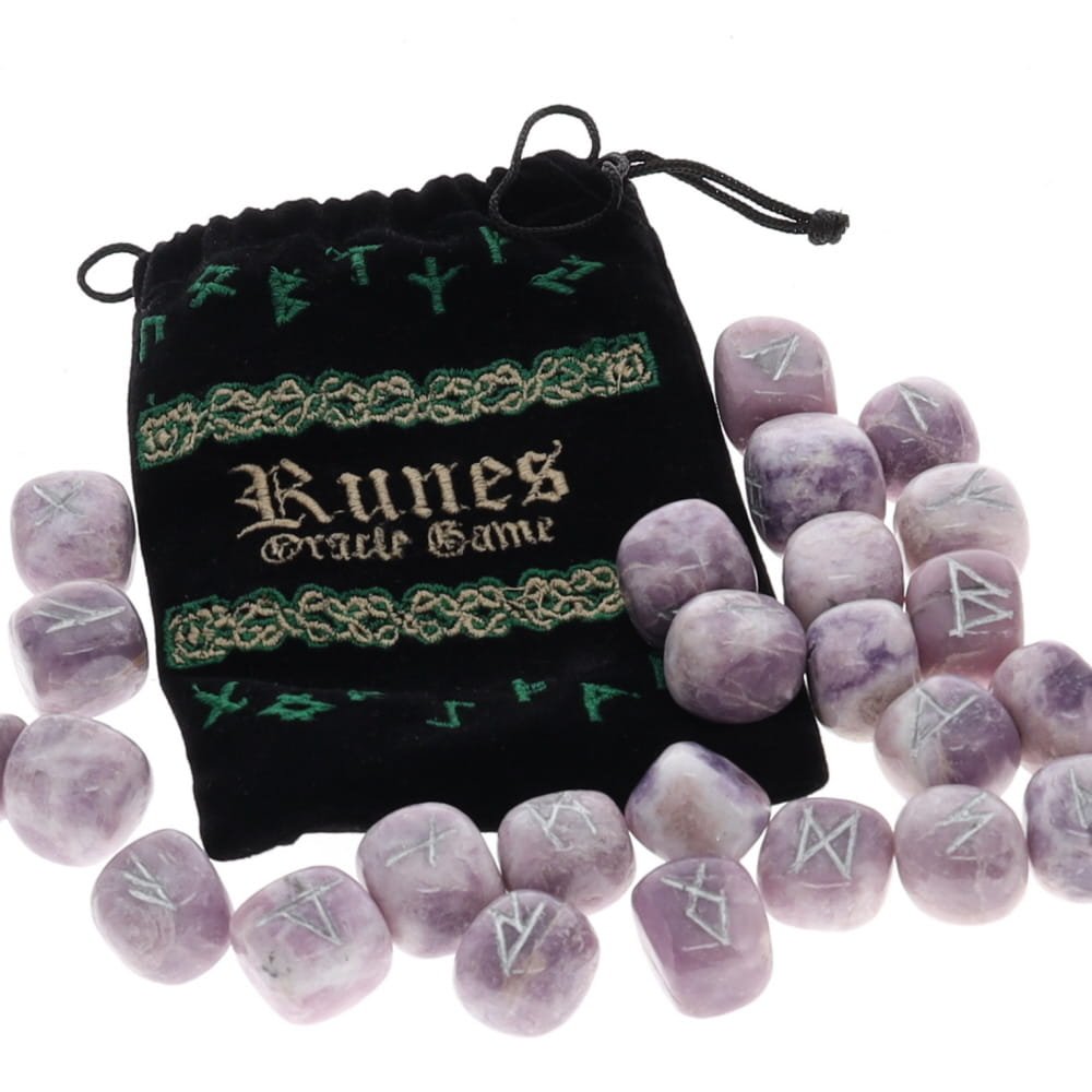 Lepidolite crystal fortune telling runes set