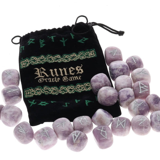 Lepidolite crystal fortune telling runes set