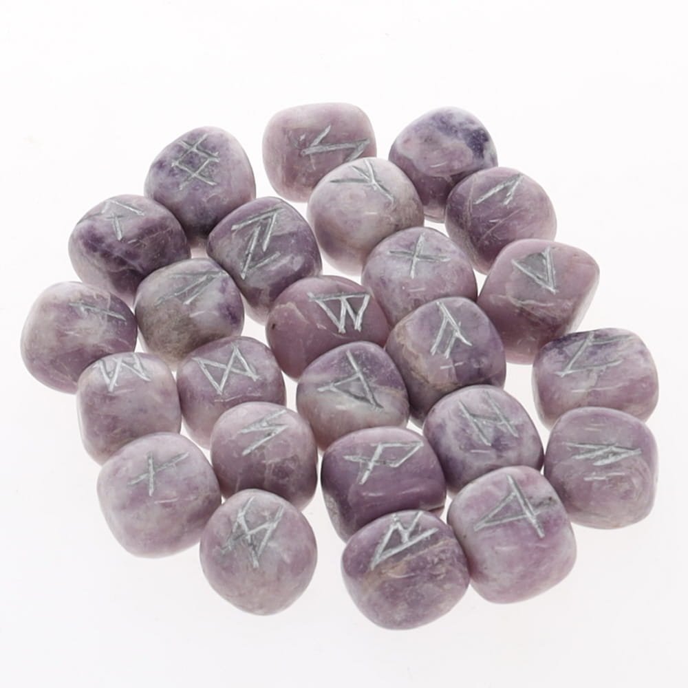 Lepidolite crystal fortune telling runes set