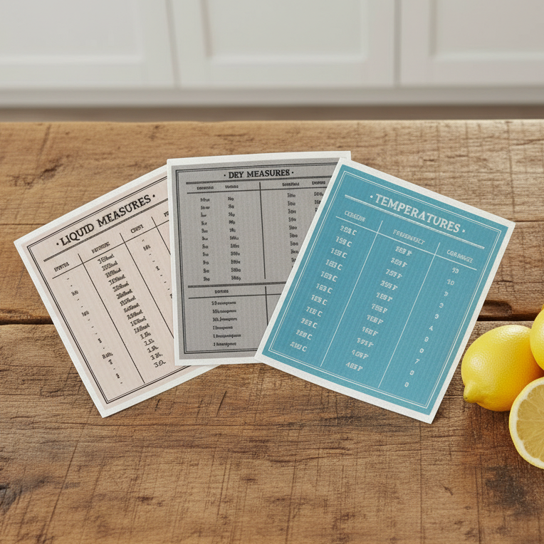 Three measurement conversion charts for liquid measures, dry measures, and temperatures on a white background.