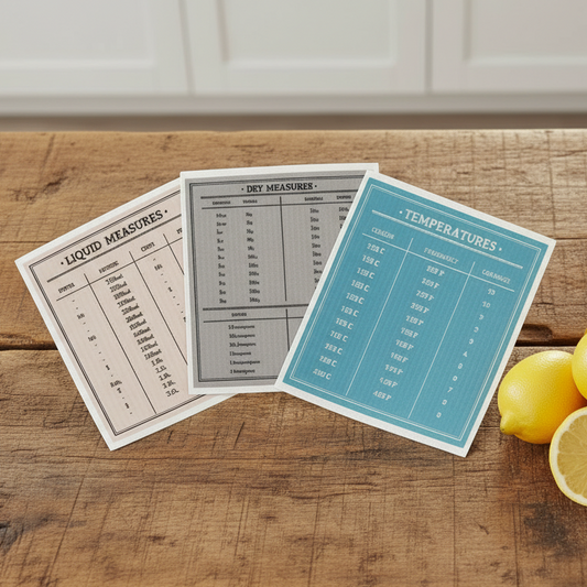 Three measurement conversion charts for liquid measures, dry measures, and temperatures on a white background.