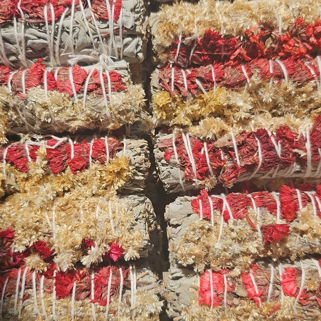 Sage incense smudge stick bundle with mullein & red flowers