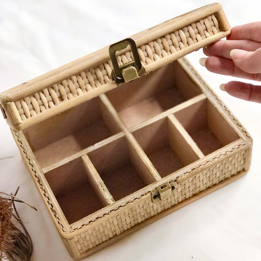 Boho rattan jewellery / weaved glass top storage box