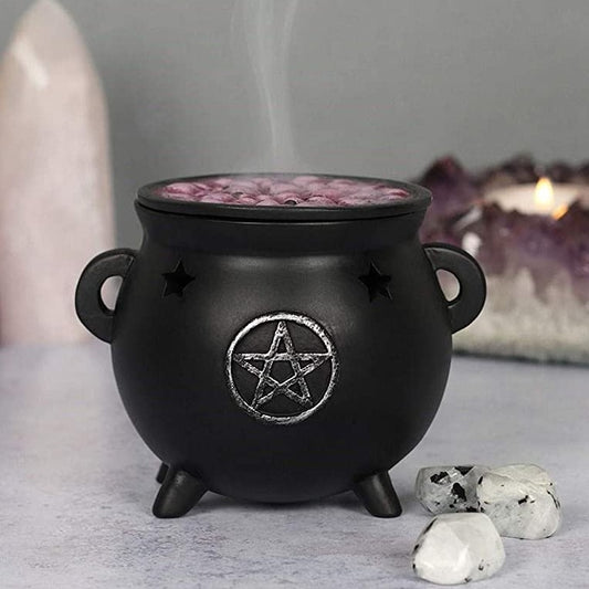 Bubbling cauldron witches pentagram incense holder pot