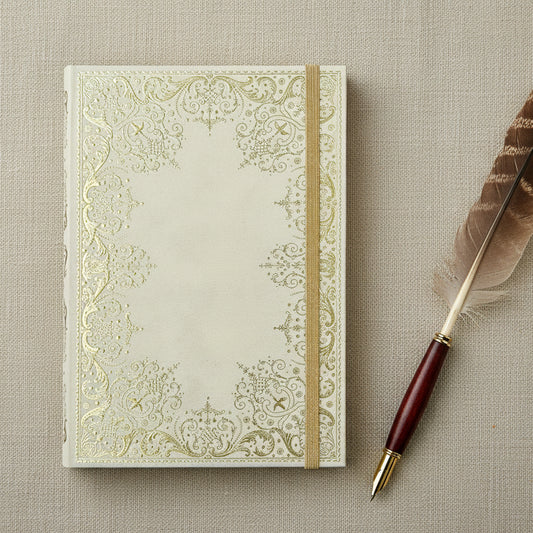 Decorative notebook with gold embossed patterns on a beige background