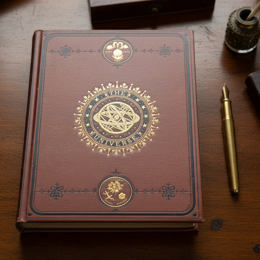 Decorative book cover with gold embossed design and 'The Key to the Universe' text on a brown background.